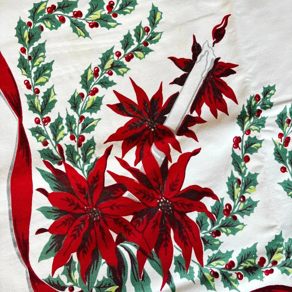 Vintage Christmas Tablecloth printed cotton white red poinsettias holly FLAWS